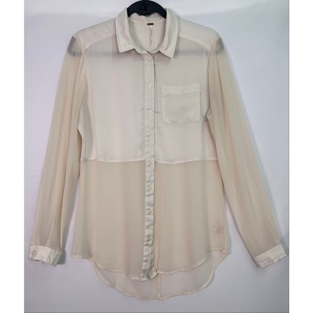 Free People Ivory Sheer Panel Button Up Tunic Top Tuxedo Back Size Small - Picture 2 of 13